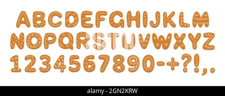 Alphabet de biscuits au pain d'épice avec glaçure. Lettres, chiffres et marques de dessins animés pour Noël ou le nouvel an. Pain d'épice fêtes cookies police dessinée à la main Illustration de Vecteur