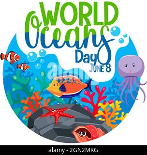 Bannière de la Journée mondiale de l'océan avec de nombreuses illustrations d'animaux marins différents Illustration de Vecteur