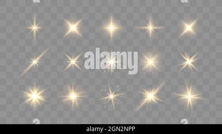 Jeu de flambeaux et de lentilles brillantes. Lumières brillantes isolées sur fond transparent. Illustration vectorielle Illustration de Vecteur