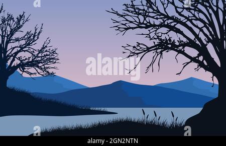 Belle vue sur la montagne le matin depuis le lac avec une silhouette d'arbre sec esthétiquement agréable. Illustration vectorielle Illustration de Vecteur