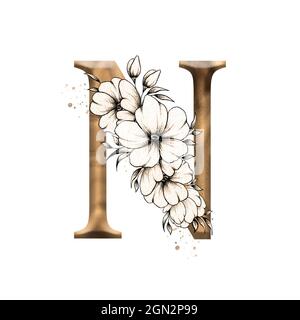 Alphabet floral graphique, lettre N or avec composition bouquet de fleurs vintage, monogramme unique initial parfait pour les invitations de mariage, les salutations Banque D'Images