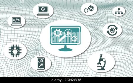 Concept de test logiciel avec icônes sur réseau maillé Banque D'Images