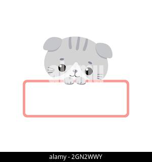 Chat kawaii mignon triste tenant une carte vierge isolée sur fond blanc. Style dessin animé plat. Illustration vectorielle Banque D'Images