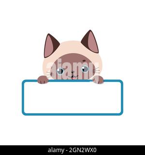Chat kawaii siamois mignon tenant une carte vierge isolée sur fond blanc. Style dessin animé plat. Illustration vectorielle Banque D'Images
