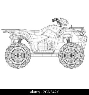 Image filaire de l'ATV détaillé à partir de lignes noires isolées sur fond blanc. Vue latérale. 3D. Illustration vectorielle. Illustration de Vecteur