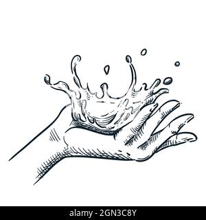 Nettoyez les éclaboussures d'eau sur la main humaine. Illustration d'esquisse vectorielle dessinée à la main. Élément de conception des soins de la peau et des procédures spa. Illustration de Vecteur