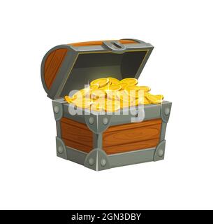 Coffre au Trésor de pirate avec pièces d'or. Coffre ouvert en bois décoré de faux-faux, rempli de pièces d'or étincelantes isolées sur blanc. Jeu de cas FANTASY ou élément d'interface utilisateur d'application mobile Illustration de Vecteur