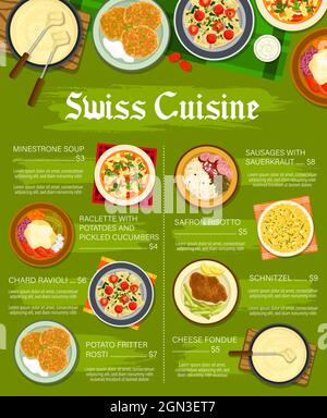 Modèle de menu de restaurant de cuisine suisse. Soupe minestrone, raclette aux pommes de terre et concombres, raviolis, rosti de fritter et saucisses à la choucroute, risotto au safran, schnitzel et vecteur fondue au fromage Illustration de Vecteur