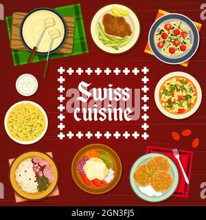 Le restaurant de cuisine suisse propose des repas et des plats. Schnitzel, soupe minestrone et pomme de terre Fritter Rosti, risotto, saucisses et raviolis, raclette avec pommes de terre et concombres, vecteur de fondue au fromage Illustration de Vecteur