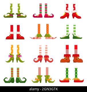 GNOME, elf ou leprechun jambes en chaussures ou nain en bottes, icônes vectorielles. Pieds d'orf ou d'orfette en bottes et pantalon de père Noël ou bas de Noël à rayures rouges et vertes, pieds de lepretchaun des fêtes en chaussures Illustration de Vecteur