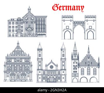 Allemagne, Munich bâtiments d'architecture et Voyage monuments, Vector. Allemand St Ludwig kirche, Saint. L'église jésuite Michael, les portes de Karlstor ou Neuhauser Tor, la vieille mairie et l'église Asam ou Asamkirche Illustration de Vecteur