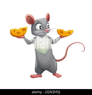 Souris de dessin animé et deux moitiés de fromage. Vecteur mignon rat ou souris, rongeur affamé personnage animal tenant des coins de fromage suisse, petite souris grise avec des oreilles roses, queue et poitrine blanche Illustration de Vecteur