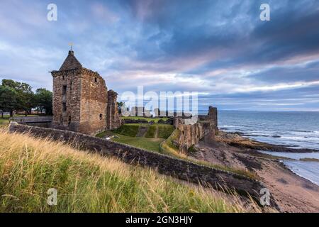 Les vestiges historiques du château de St Andrews, une forteresse médiévale du XIIIe siècle située sur une falaise au nord de la ville de Fife. Banque D'Images