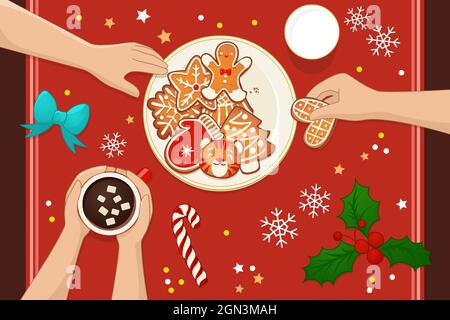 Assiette avec biscuits de Noël en pain d'épice. Fête de célébration avec chocolat chaud, lait, canne à sucre et GUI. Illustration vectorielle de la vue du dessus pour le nouvel an et les vacances d'hiver. Illustration de Vecteur