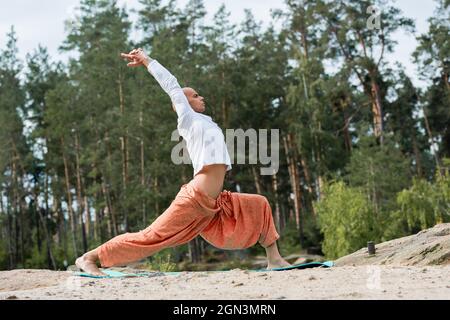 vue latérale du yoga bouddhiste pratiquant dans la posture du guerrier avec les mains levées dans la forêt Banque D'Images