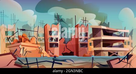 Destruction des bâtiments de la ville après la destruction ou le tremblement de terre. Maisons abandonnées dans la zone de guerre avec de la fumée et des rues fissurées. Ruines avec la route brisée après cataclysme. Paysage de catastrophe avec des fissures et des dommages Illustration de Vecteur