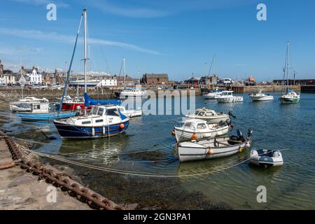 Des bateaux amarrés dans le port pittoresque de Stonehaven dans l'Aberdeenshire, en Écosse. Banque D'Images