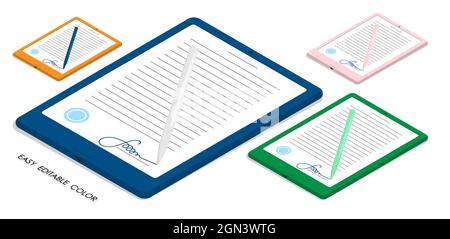 Isométrique stylo électronique signe numériquement l'écran de la tablette. Utilisation de signatures numériques pour les documents électroniques. Vecteur 3D réaliste isolé sur fond blanc Illustration de Vecteur