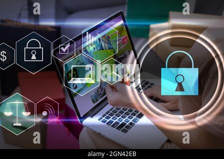 Concept de cybersécurité numérique et de protection réseau. Mécanisme de verrouillage virtuel pour accéder aux ressources partagées. Écran de contrôle virtuel interactif avec Banque D'Images