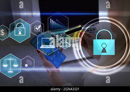 Concept de cybersécurité numérique et de protection réseau. Mécanisme de verrouillage virtuel pour accéder aux ressources partagées. Écran de contrôle virtuel interactif avec Banque D'Images