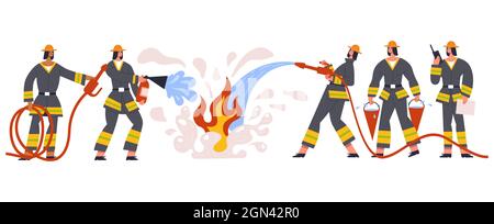 Les personnages de l'équipe de pompiers, les secours et les services d'urgence. Pompiers équipe d'urgence arroser le feu, lutte avec le vecteur d'illustration de feu. Brave Illustration de Vecteur