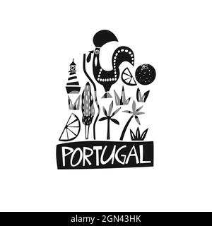 Symboles vectoriels dessinés à la main du Portugal. Illustration de voyage des panneaux portugais. Illustration avec lettrage dessiné à la main. Logo du site touristique portugais Illustration de Vecteur