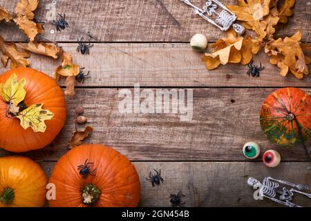 Citrouille d'Halloween. Décoration automnale festive composée de citrouilles, de feuilles, d'araignées, de squelettes et d'yeux amusants sur fond de bois ancien. Composition d'automne Flat Lay Banque D'Images