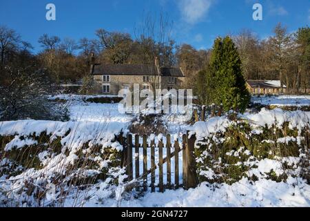 Chalet dans la neige, l'eau et de Kielder Forest Park, Northumberland, Angleterre Banque D'Images