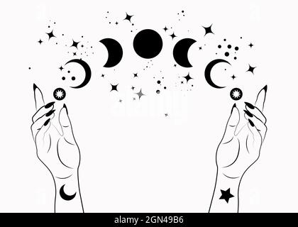 Phases de lune mystique et mains de femme, symbole de la déesse de wiccan païen Triple lune, espace magique ésotérique alchimie, roue sacrée de l'année, vecteur isolé Illustration de Vecteur