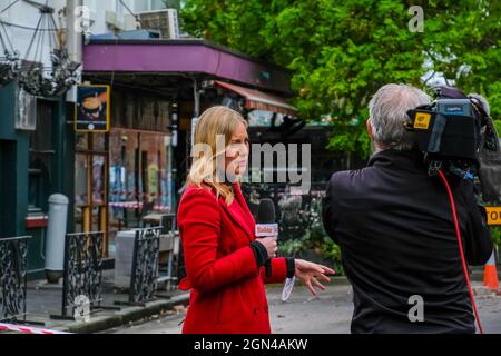 Melbourne, Australie. 22 septembre 2021. Le Channel 9 présente aujourd'hui un reportage sur les dommages causés à Windsor par un tremblement de terre au lendemain.à environ 9 h 15, l'État de Victoria et sa capitale Melbourne ont été frappés par un tremblement de terre de 5.8 à 6.0 sur une échelle de Richter. Le tremblement de 20 secondes a causé des dommages à certains bâtiments et provoqué l'évacuation des personnes hors des bâtiments. Crédit : SOPA Images Limited/Alamy Live News Banque D'Images