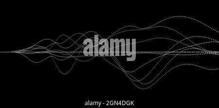 Visualisation abstraite des ondes sonores fluides avec lignes de points ou de particules sur fond noir, papier peint conceptuel minimal Banque D'Images