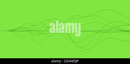 Visualisation abstraite des ondes sonores fluides avec lignes de points ou de particules sur fond vert, papier peint conceptuel minimal Banque D'Images