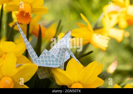 Gros plan d'une grue d'origami en papier, assise sur l'herbe entre les premiers fleurons en pleine floraison, symbolisant le printemps, un nouveau départ et de l'espoir Banque D'Images