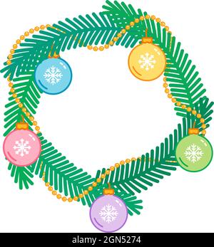 Couronne décorative de Noël avec boules colorées avec flocons de neige, cadre d'arbre de noël, vecteur Illustration de Vecteur