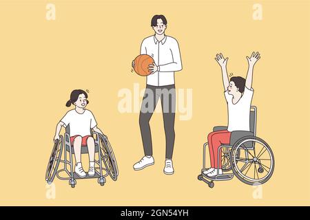 Concept de mode de vie actif heureux des enfants handicapés. Un jeune entraîneur souriant debout avec une balle près d'enfants handicapés assis en fauteuil roulant, attendant l'illustration du vecteur de jeu Illustration de Vecteur