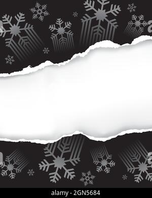 Fond noir de noël avec papier déchiré. Illustration de la toile de fond avec des flocons de neige stylisés. Modèle de bannière. Vecteur disponible. Illustration de Vecteur