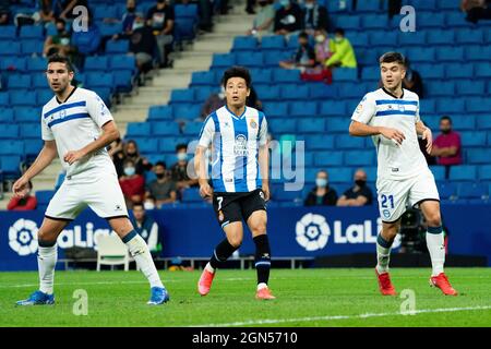 Cornellà, Espagne, le 22 septembre 2021. ESPAGNE, FOOTBALL, LA LIGA SANTANDER, RCDE VS DEPORTIVO ALAVÉS. Joueur du RCD Espanyol (07) Wu Lei pendant le match de la Liga Santander entre le RCD Espanyol et le Deportivo Alavés au stade RCDE, Cornellà, Espagne, le 22 septembre 2021. © Joan Gosa 2021. Crédit : Joan Gosa Badia/Alay Live News Banque D'Images