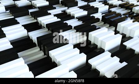 Construction géométrique 3d rendu des briques avec découpes longitudinales. Paroi abstraite de cubes en mouvement aléatoire. Minimalisme architectural futuriste réalisé à partir de carrés réalistes à rayures droites Banque D'Images