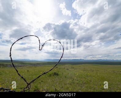 Un coeur formé de fils barbelés, avec prairie, collines, site de creusage de dinosaures d'Egg Mountain et nuages dans le fond près de Choteau, Montana. Banque D'Images