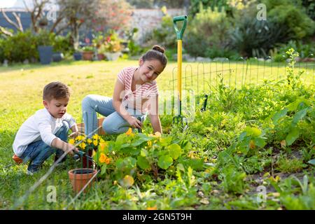 Bonne sœur caucasienne et frère jardinage ensemble Banque D'Images