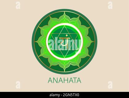 Anahata quatrième chakra avec le mantra de semence hindou Sanskrit VAM. Vert est un symbole de style de conception plate pour la méditation, le yoga. Modèle de logo rond Vector Illustration de Vecteur