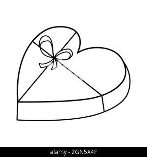 Boîte cadeau chocolats bonbons de coeur. Illustration vectorielle de style doodle isolée sur fond blanc. Icône de ligne, concept de Saint-Valentin. Doux avec lov Illustration de Vecteur
