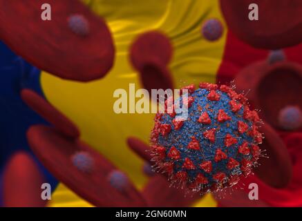 Virus et cellules sanguines contre le drapeau de la Roumanie. illustration 3d. infection virale causant une maladie chronique. Virus de l'hépatite, virus de la grippe H1N1, Coro Banque D'Images