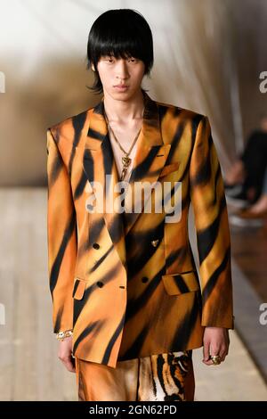 Roberto Cavalli Milan Ready to Wear S S Model Carmen Kass very long blonde  wavy hair wearing white ruffled sleeveless blouse Stock Photo - Alamy