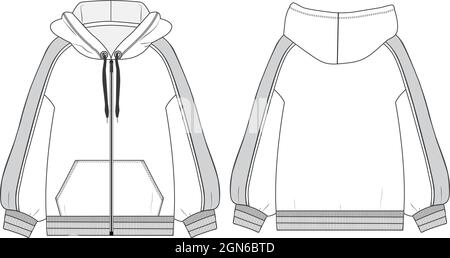 Sweat à capuche à manches longues avec fermeture à glissière Fashion Overall Technical Flat sketch template vues avant et arrière. Maquette de sweat-shirt à motif vectoriel pour homme. Illustration de Vecteur