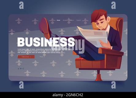 Homme d'affaires a lu journal caricature page d'accueil. Homme d'affaires assis sur une chaise pour lire les informations financières avec une croix sur le bureau. Boss en costume formel travailler avec la presse de publication, la bannière web Vector Illustration de Vecteur