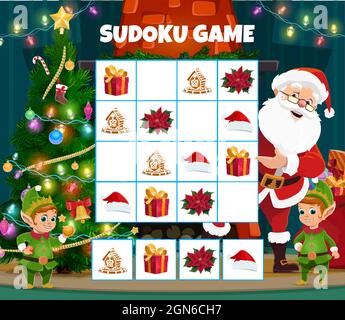 Jeu de sudoku de Noël pour enfants avec cadeaux de vacances, chapeau de père Noël et poinsettia, biscuit de pain d'épice. Puzzle logique pour enfants, énigme avec personnages du Père Noël et des elfs, vecteur de dessin animé de l'arbre de Noël Illustration de Vecteur