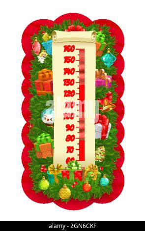 Arbre de Noël et cadeaux hauteur graphique enfants indicateur de croissance. Règle vectorielle, autocollant mural isolé pour la mesure de la hauteur des enfants avec échelle de dessin animé et présenter des boîtes sur des branches d'épinette avec décoration de Noël Illustration de Vecteur