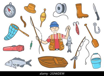 métiers de pêcheur ou de pêche profession doodle main dessinés ensemble collections avec dessin plat de style vectoriel illustration Banque D'Images