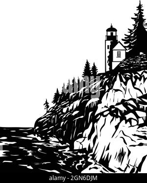 WPA Woodcut poster art de Bass Harbor Head Phare dans le parc national d'Acadia, Hancock County Maine USA fait en travaux administration de projet noir an Illustration de Vecteur